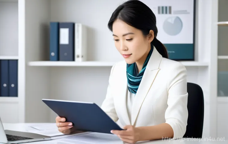 국제통역사 커리어 패스 연구 - **Prompt:** A professional Japanese female interpreter in her thirties, dressed in elegant, tailored...