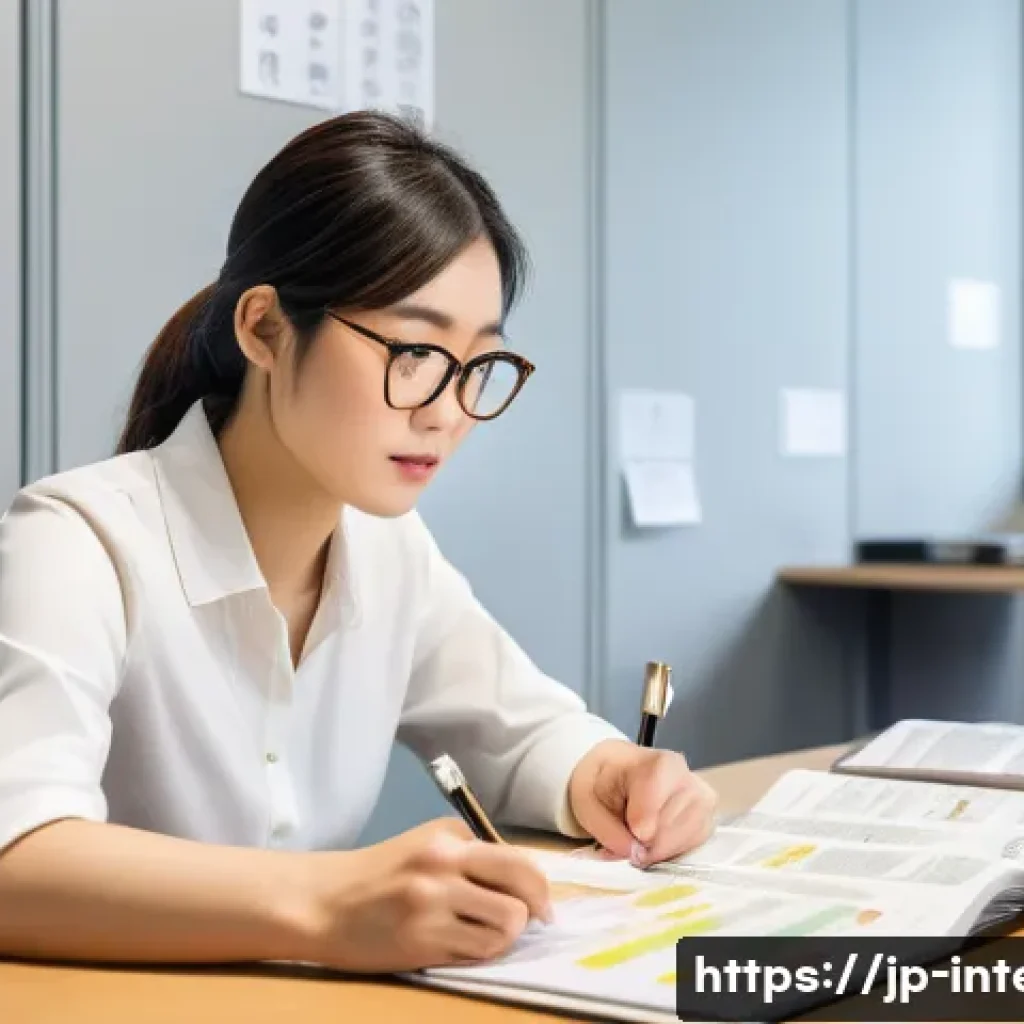 국제통역사 시험의 어려운 부분 - A focused Japanese female international interpreter in her late 20s studying a large, organized bind...
