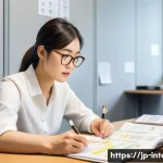 국제통역사 시험의 어려운 부분 - A focused Japanese female international interpreter in her late 20s studying a large, organized bind...