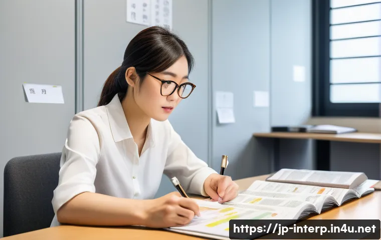 국제통역사 시험의 어려운 부분 - A focused Japanese female international interpreter in her late 20s studying a large, organized bind...
