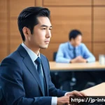 국제통역사 연봉 - A professional Japanese international interpreter in a modern office setting, dressed in stylish bus...