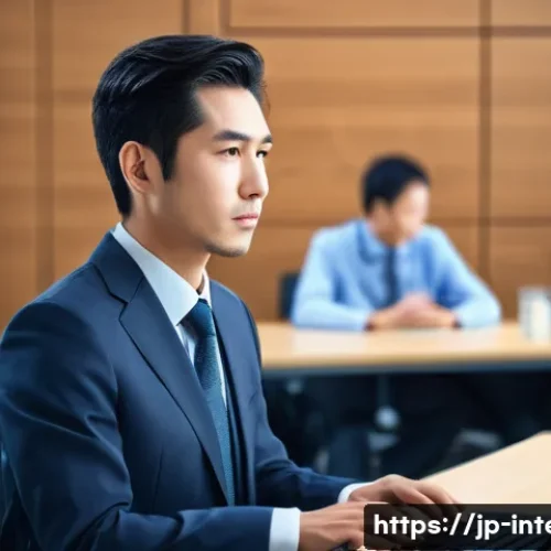 국제통역사 연봉 - A professional Japanese international interpreter in a modern office setting, dressed in stylish bus...