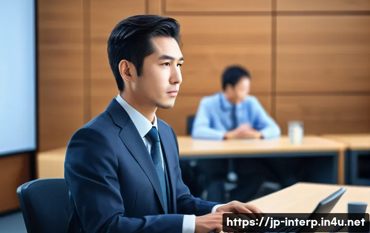 국제통역사 연봉 - A professional Japanese international interpreter in a modern office setting, dressed in stylish bus...