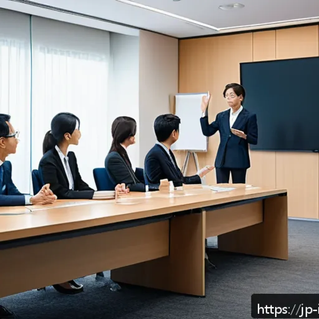 국제통역사 업무 사례 - A professional Japanese interpreter in a modern conference room, wearing smart business attire and g...