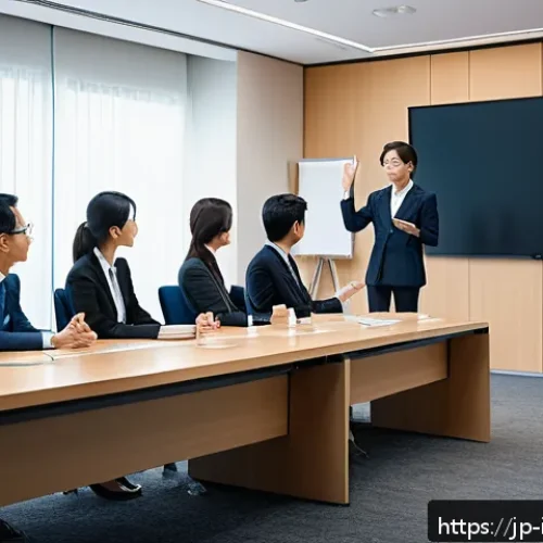 국제통역사 업무 사례 - A professional Japanese interpreter in a modern conference room, wearing smart business attire and g...