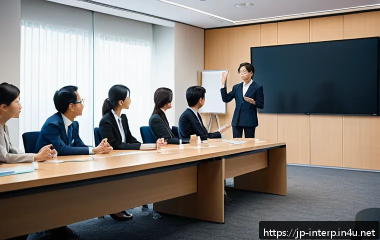 국제통역사 업무 사례 - A professional Japanese interpreter in a modern conference room, wearing smart business attire and g...