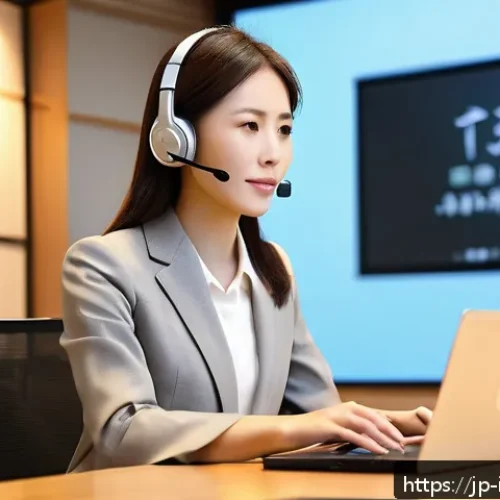 통역 이론 공부법 - A modern Japanese conference room scene showing a young professional female interpreter wearing busi...