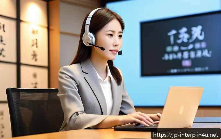 통역 이론 공부법 - A modern Japanese conference room scene showing a young professional female interpreter wearing busi...