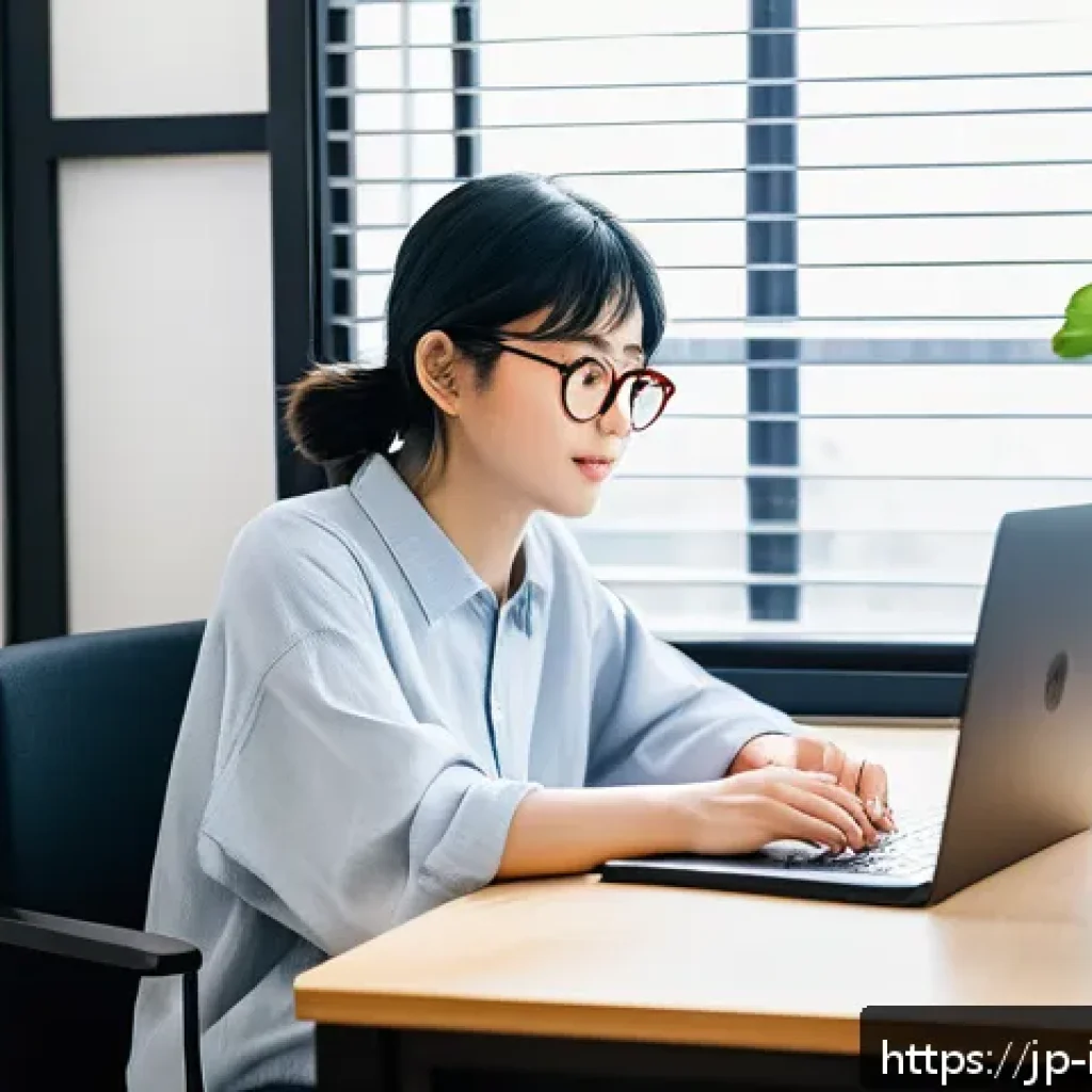 통역사 연습법 - A modern Japanese home study scene featuring a young adult woman with short black hair wearing casua...