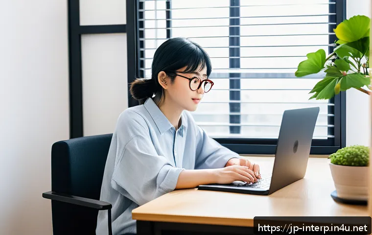 통역사 연습법 - A modern Japanese home study scene featuring a young adult woman with short black hair wearing casua...