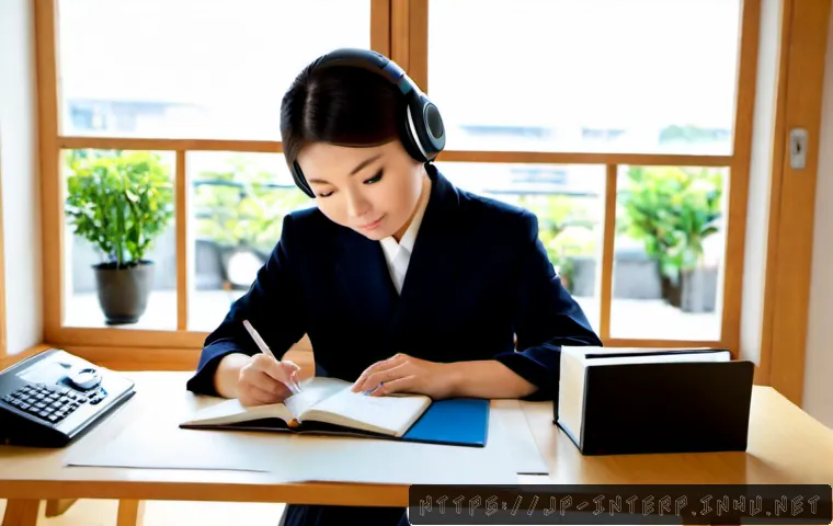 국제통역사 자격증 취득을 위한 핵심 과목 - Photorealistic Japanese adult learner preparing for an international interpreter certification exam ...